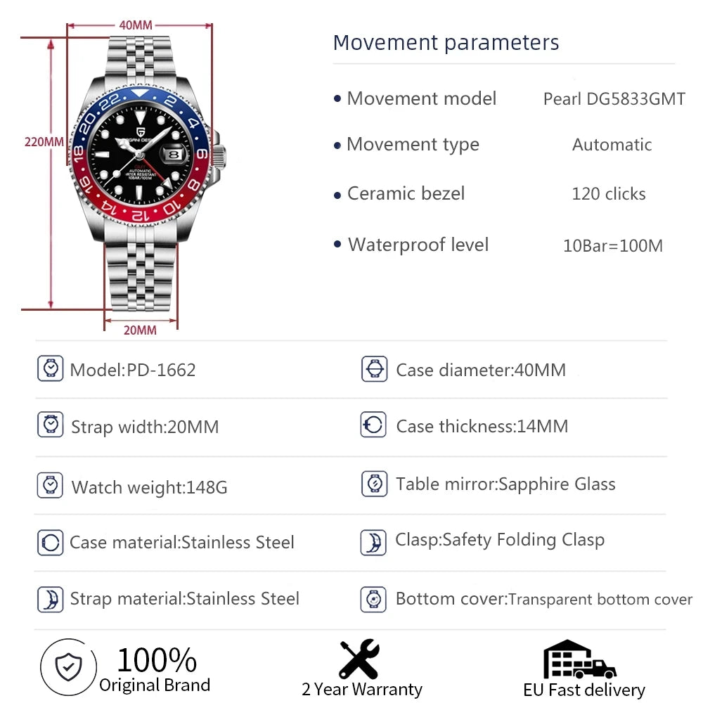 PAGANI DESIGN V3 GMT - Jubilee 5 Link Bracelet - Watch 40mm Dial
